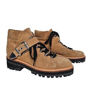 Marc Fisher Tan Leather Hiking Boots Black Laces Silver Buckle Strap 7.5M Lug So